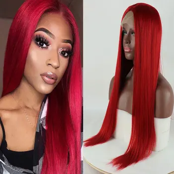 

Bombshell Fire Red Synthetic 13*3 Lace Front Wig Glueless Silky Straight Heat Resistant Fiber Hair Middle Parting For Women Wigs