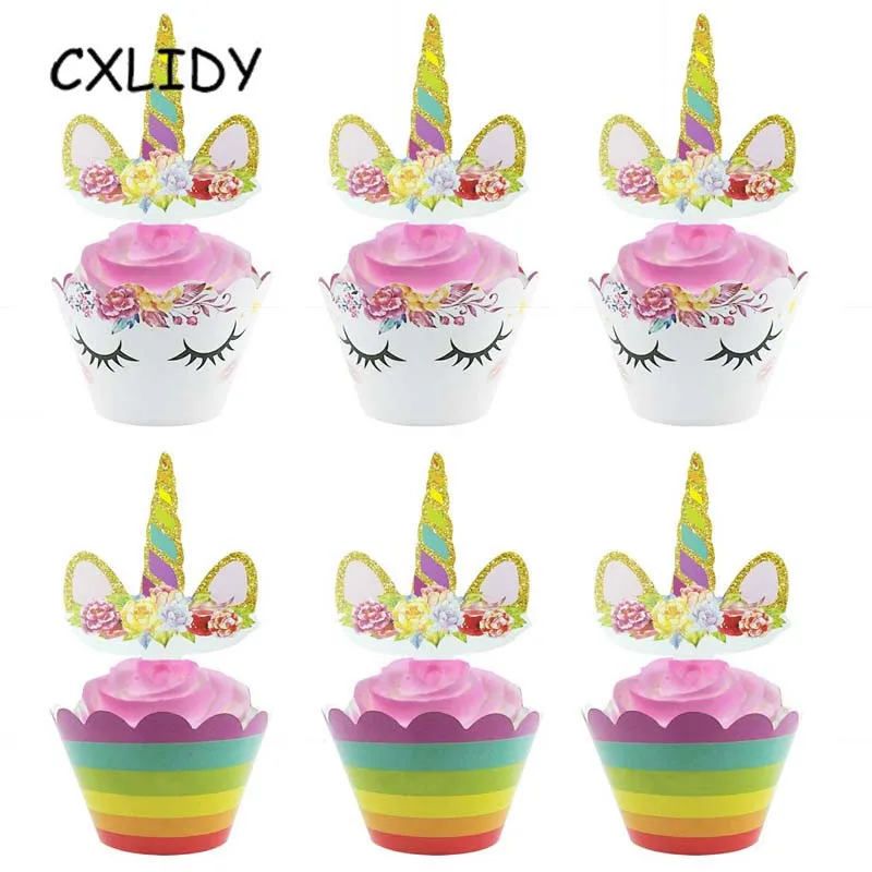 Rainbow Unicorn Cupcake Wrappers Cake Topper Happy Birthday Party Cake Decorations Kids Baby Shower Unicorn Party Supplies GM001 (36)