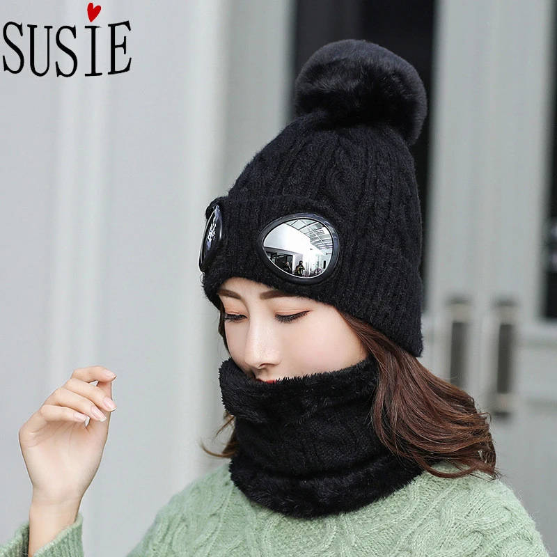 Najtaniej 2019 nowa dzianinowa czapka narciarska z okulary wiatroszczelne maska czapka wełniana Outdoor czapki z pomponem polar smycz na szyje ciepłe kobiety czapka zimowa