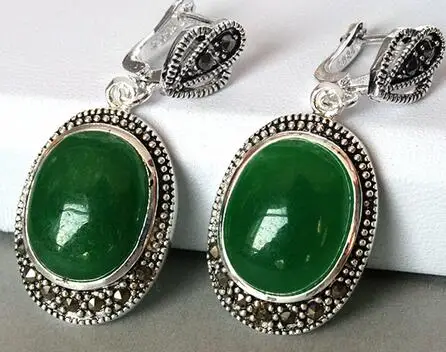 VINTAGE 925 SILVER GREEN JADE MARCASITE DANGLE HOOK EARRING | Украшения и аксессуары