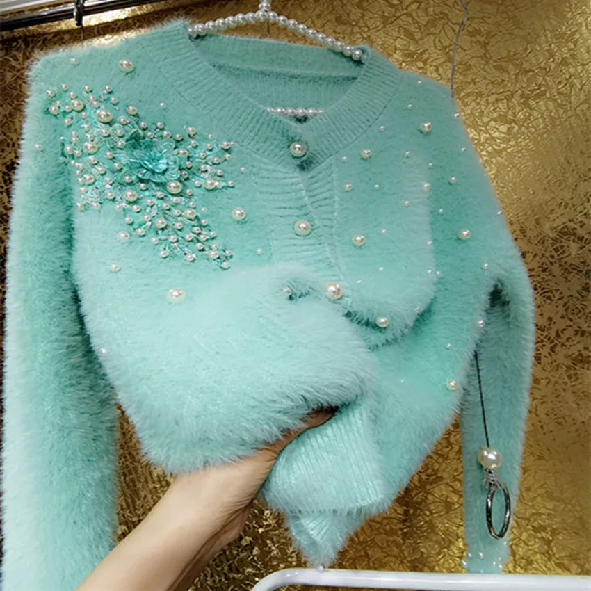 

Heavy Industry Beaded Flowers Rhinestone Cardigan Sweater women autumn winter thick outwear