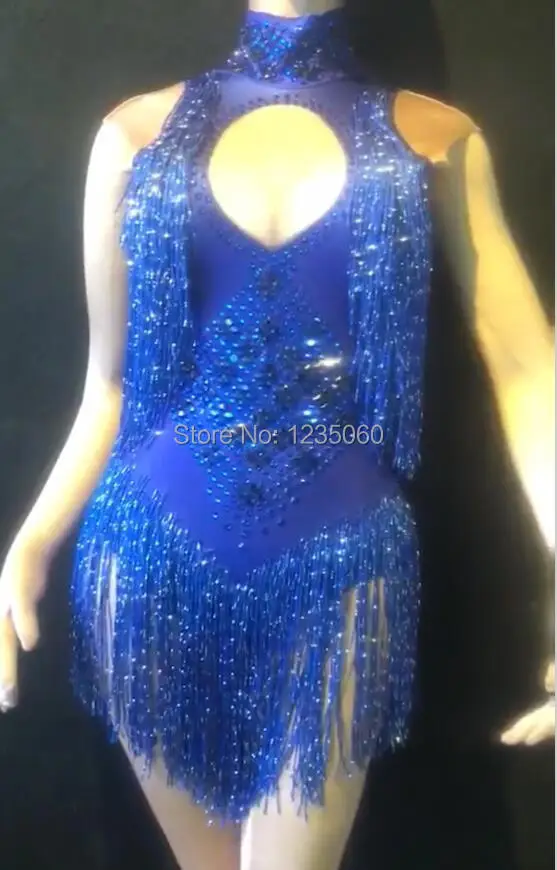 Sparkly Rhinestones Tassel Leotard Nightclub Dance DS Show Stage Wear Stretch Bodysuit Party Female Singer Outfit Girl clothing