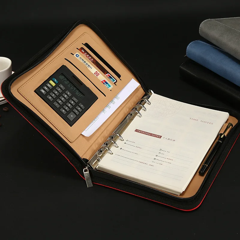 

A6 A5 B5 Loose-leaf Spiral PU Leather Zipper Notebook 8-Bit Calculator Multi-Function File Bag Manager Folder agenda organizer