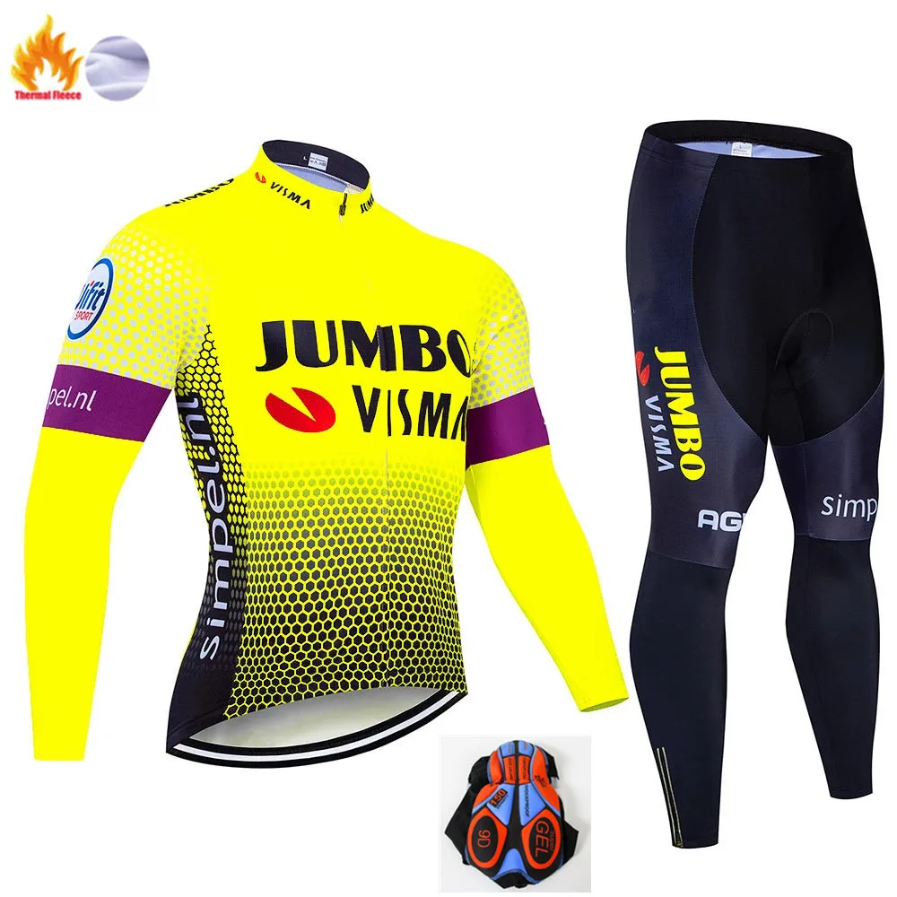 Pro Team JUMBO VISMO зимний флис Велоспорт Джерси Наборы для мужчин, утепленная велосипедная Одежда MTB Ropa Ciclismo велосипедный Майо гелевый коврик - Цвет: Winter Cycling Suit