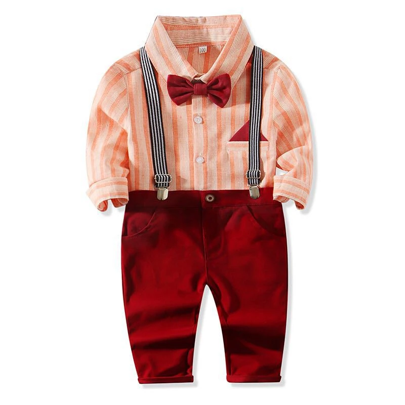 Kimocat Baby Boy Clothes Suit Kids Newborn Wedding Party Clothing Baby Autumn Suits Fashion Boy Tops+Belt Pants+Tie Outfits Suit - Цвет: orange