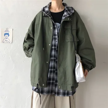 

Autumn Plaid Stitching Jacket Men's Fashion Retro Casual Hooded Jacket Men Streetwear Loose Hip Hop Bomber Jacket Men M-2XL