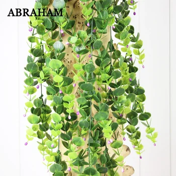 

90cm 5 Fork Plastic Plants Wall Hanging Rattan Artificial Vine Green Tree Foliage Fake Eucalyptus Leaf Ivy For Home Garden Decor