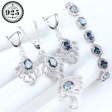 Серебро 925 Свадебные ювелирные изделия свадебный Радужный Цирконий Свадебный браслет костюм колье ювелирные изделия кулон кольца серьги для женщин