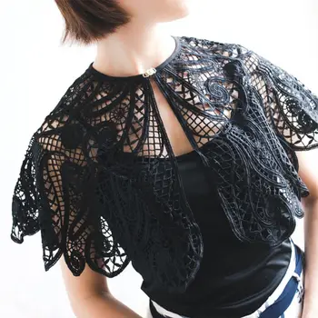 

Vintage Women Crochet Black Lace Fake Collar Hollow Detachable Big Shawl Cape