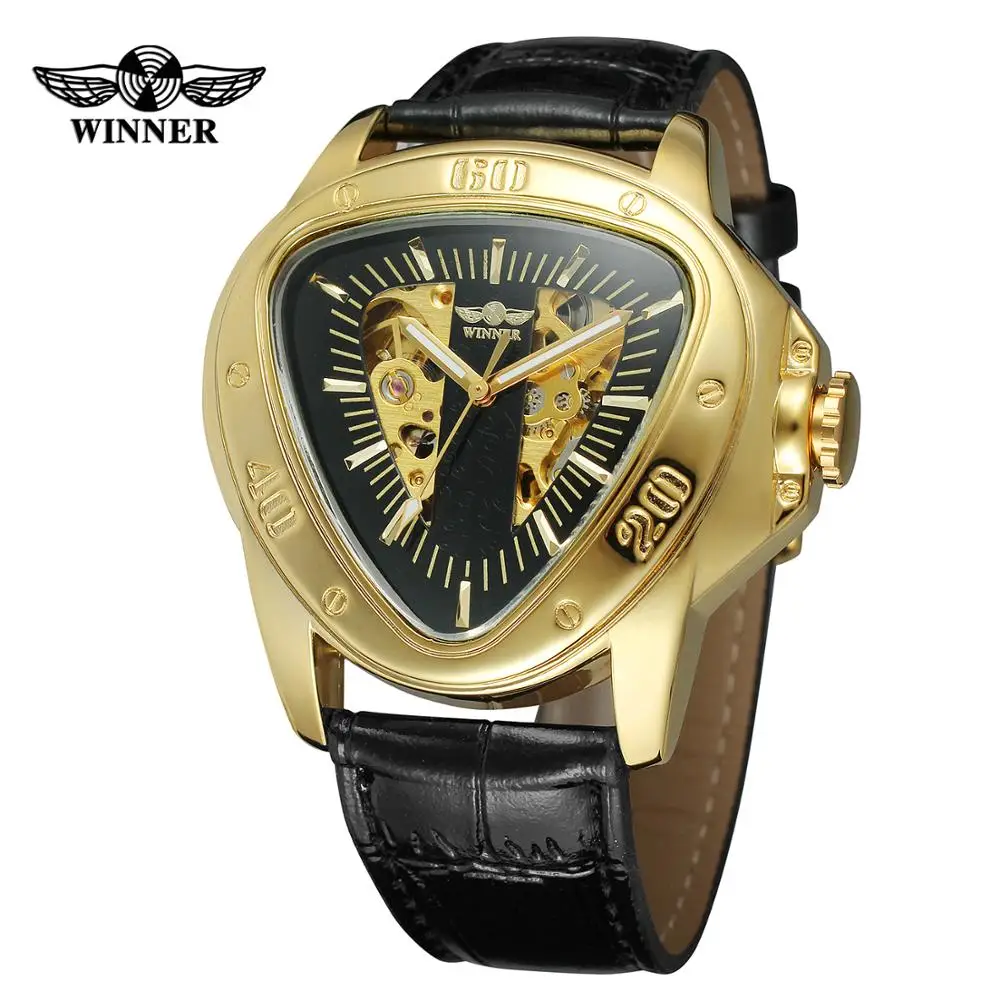 

Winner Brand Mens Watches Fashion Triangle Golden Skeleton Movement Racing Sports Design Automatic Mechanical Wrist Watches