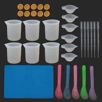 

34Pcs Silicone Resin Kit Silicone Mat 100ml Measuring Mixing Divided Cups X7YA