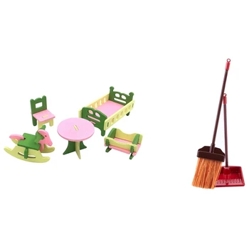 

1 Set Dollhouse Miniature Long Handles Broom and Dust Pan Set & 1 Set Baby Wooden Dollhouse Furniture Miniature