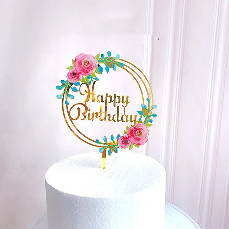 New Colored Flowers Happy Birthday Cake Topper Golden Acrylic Birthday Party Dessert Decoration For Baby Shower Baking Supplies Cake Decorating Supplies Aliexpress