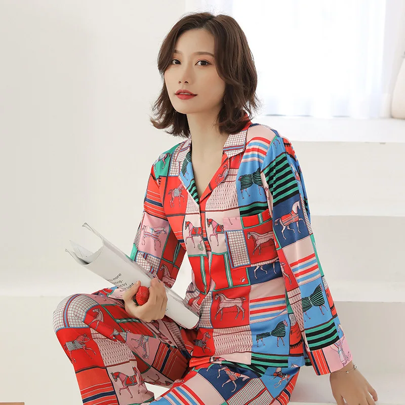 Женский пижамный комплект с длинными рукавами пижама из искусственного шелка