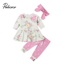 Брендовый осенне-зимний комплект одежды для новорожденных девочек, 3 предмета, платье с длинными рукавами и цветочным принтом топы+ штаны в горошек+ повязка на голову