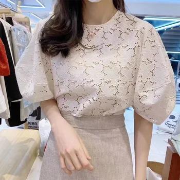 

Korean Style Shirts Women 2020 Summer New Lace Hollow Wild Ladies Blouses and Tops Solid Color Fashion Women Clothing