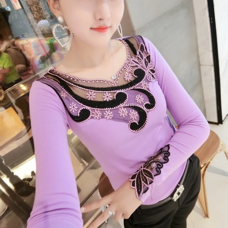 Модная сексуальная вышитая Лоскутная Цветочная футболка в алмазах, новинка, Осень-зима, Женский Топ, рубашка, одежда, Camiseta Mujer T98814 - Цвет: Purple tshirt