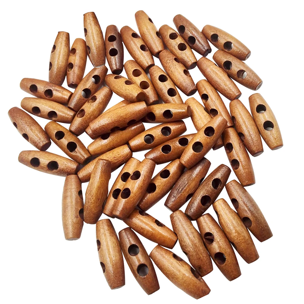 50Pcs Natural Oval Shape 2 Holes Scrapbooking Sewing Toggle Wood Buttons 30 x 10mm