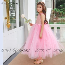 Pink Tulle Princess Wedding Flower Girl Dresses Sleeveless Tea-length Show Skirt Applique Suspenders Birthday Party Dresses