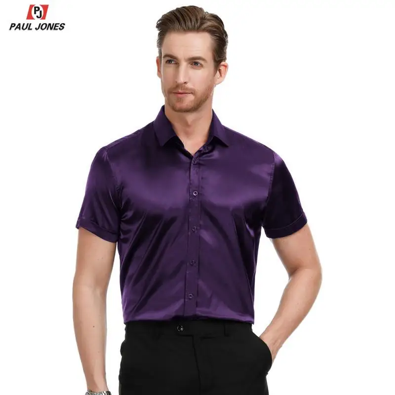 PAUL JONES Men's Slim Fit Solid Satin Dress Shirt Summer Short Sleeve Silk Like Shirt Tops Casual Square Collar Shirts PJ0199
