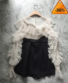 

apricot mesh women ruffle o neck flare long sleeve solid blouse shirt Korean version