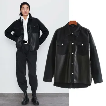 

Women Imitate Leather Patchwork Longsleeve Shirt 2020 Spring Female Fashion Outfits Loose Shirt Coat