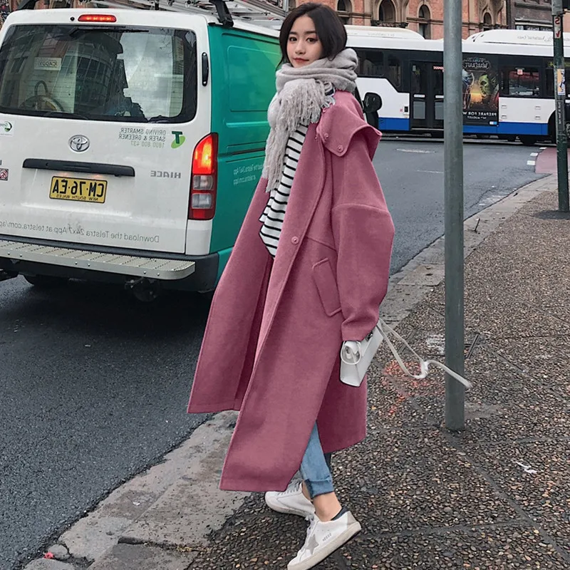 Fashion Long Wool Coat Women 2020 New Autumn Winter Hooded Windbreaker Outwear Female Loose Woolen Cloak Trench Coat Overcoats
