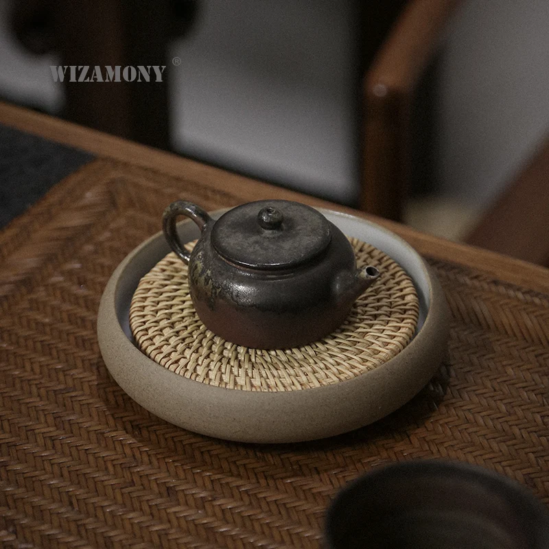 

Pot Tray Tea Table Bearing Tea Pot Base Vintage Bamboo Water Storage Japanese-Style Coarse Pottery Ru Kiln Tea Set Accessories