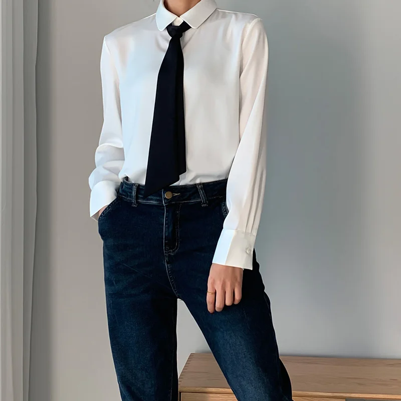 Blusa de blanca con corbata negra y de alta calidad para mujer, camisa de oficina para primavera y verano, camisas de manga larga mujer, ropa - AliExpress