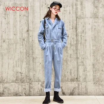 

Women Elegant BF Streetwear Women Denim Jumpsuit Pants 2020 Autumn Long Sleeve High Waist Retro Jeans Overalls Rompers Female