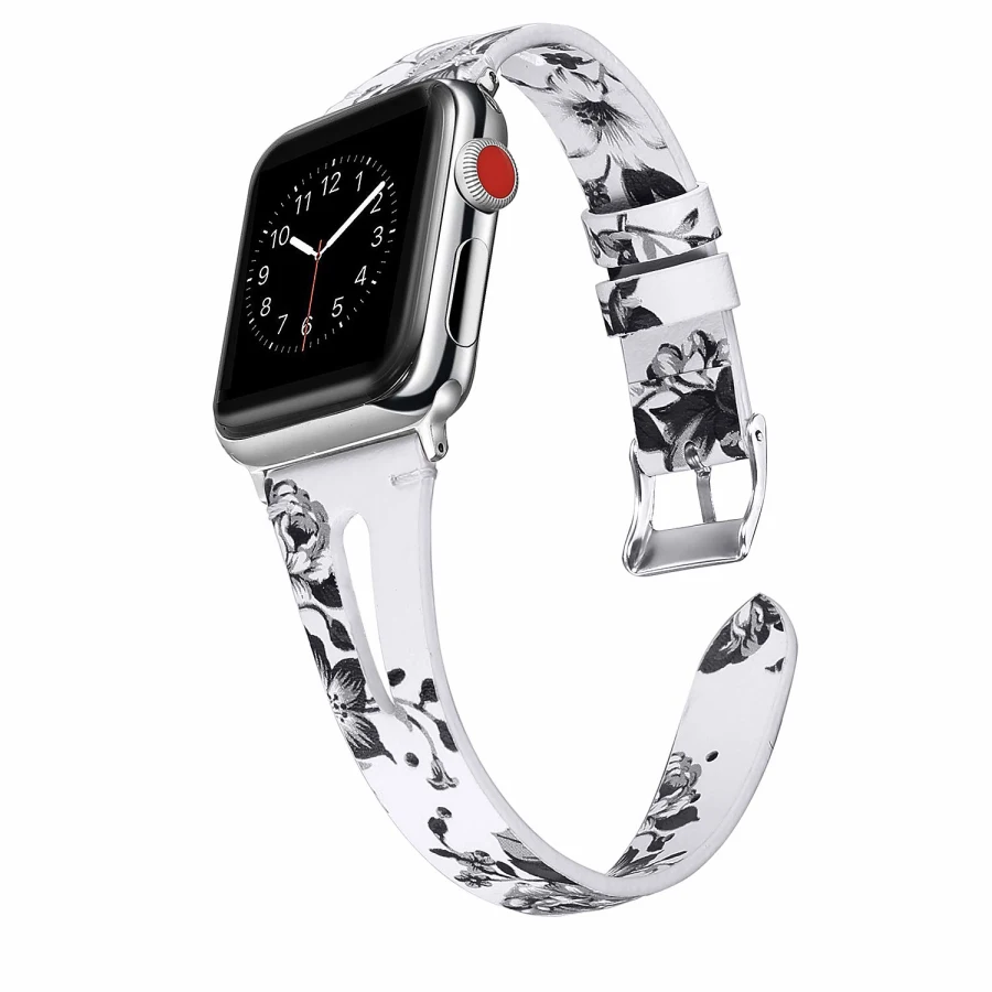 Кожаный ремешок с цветочным принтом для Apple Watch Series 4 3 2 1 браслет ремешок для iWatch 4 38 мм 42 мм 40 мм 44 мм наручный ремень - Цвет ремешка: flower white