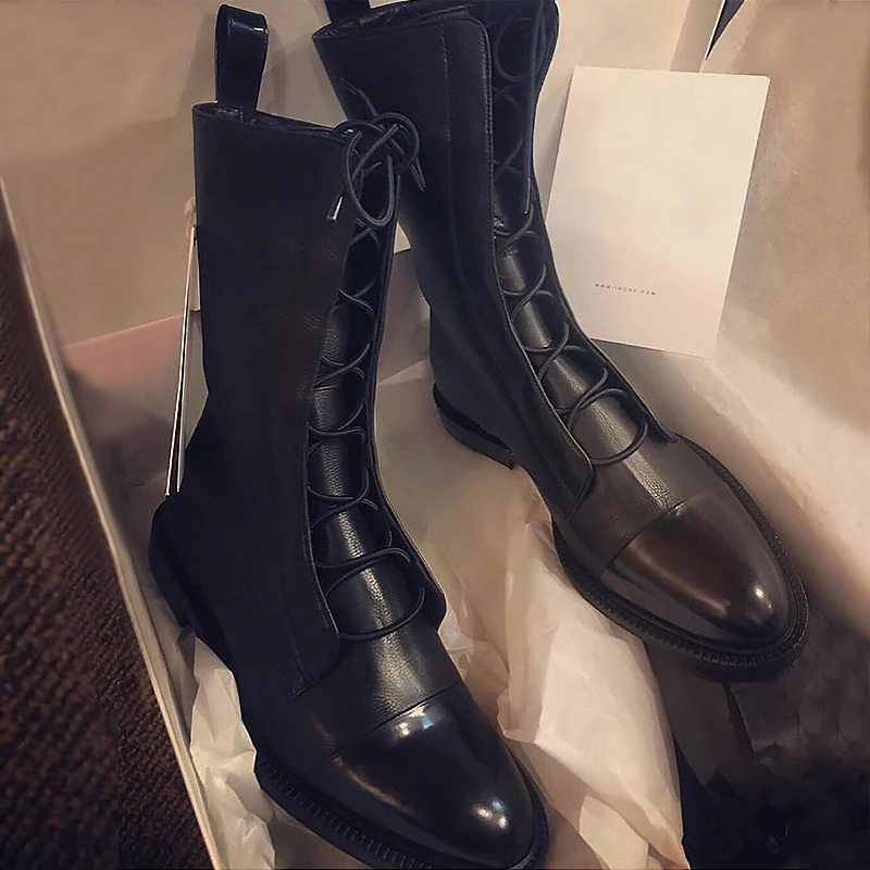 

Lace-up black motorcycle bottes femme flats pointed toe martin boots mid-calf cool girls botas mujer slim fashion knight booties