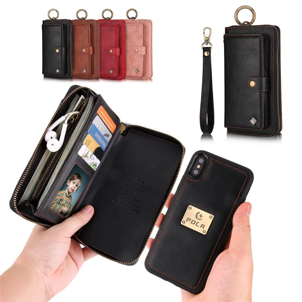 

New 14 Card Slots Wallets Phone Case with 3 Purses Zipper PU Hangbag Shell Magnet Back Cover for iPhone 7 8 7p 8p X XR XS MAX