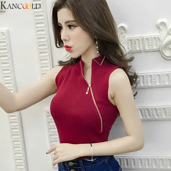 

KANCOOLD Korean style women's round neck Casual Oblique zipper sleeveless solid color woven shirt vest Simple Wear Camisole New