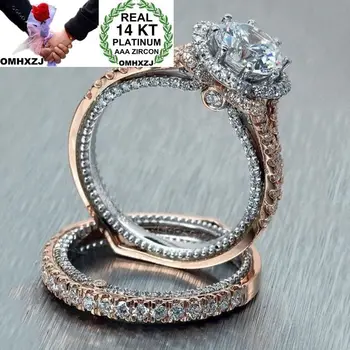 

OMHXZJ Wholesale European Fashion Woman Man Party Wedding Gift Luxury White AAA Zircon 14KT Rose Gold White Gold Ring Set RR789