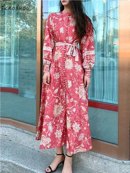 

Heavy craftsmanship single-row buttons, straps, waist, retro, printed, loose, big hem, dress, ladies' autumn new fashion