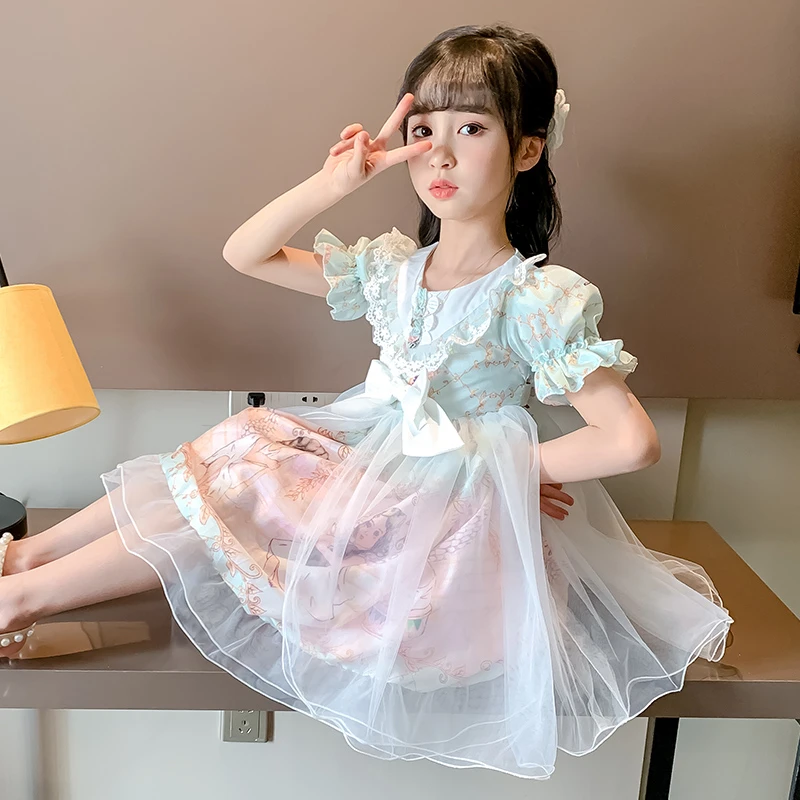 Princess Lolita Skirt Girls Summer New Western Children Cartoon Dress Short Sleeve Puffy Tulle Skirt cute kids loli clothes