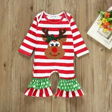 Рождественский наряд; детская зимняя одежда; хлопковый комбинезон в полоску с рождественским оленем; комбинезон; одежда; roupas infantis menina