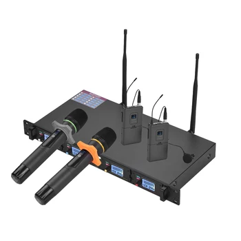 

Muslady D4-3 4-Channel UHF Wireless Microphone System 2 Lapel Mics with Bodypack Transmitters + 2 Handheld Mic + Mount Receiver