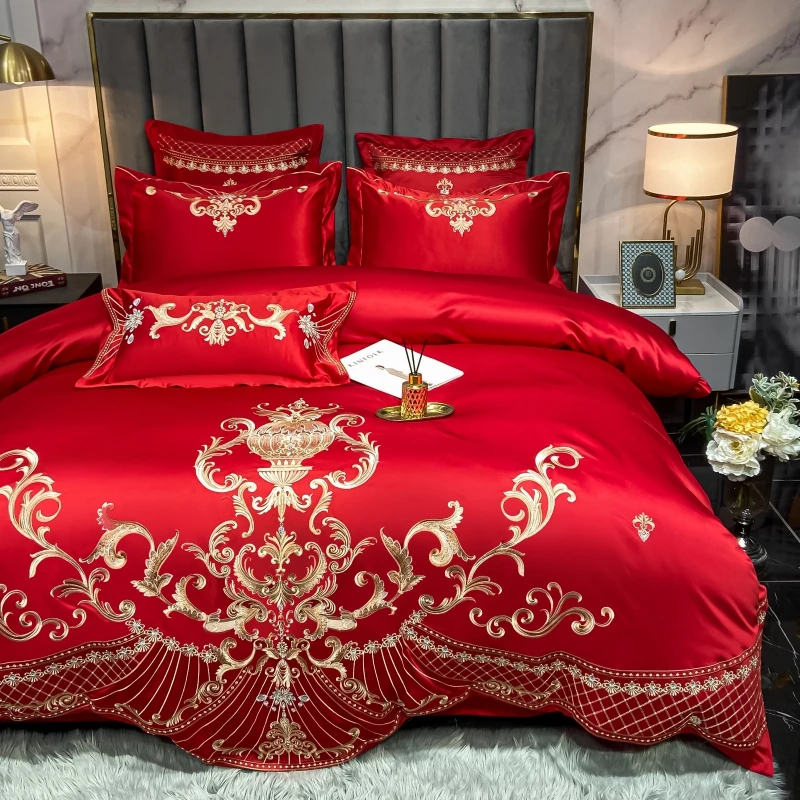 Luxury Gold Royal Embroidery Satin Silk Cotton Bedding Set Smooth Silky Double Duvet Cover Set Comforter Cover And Pillowcases