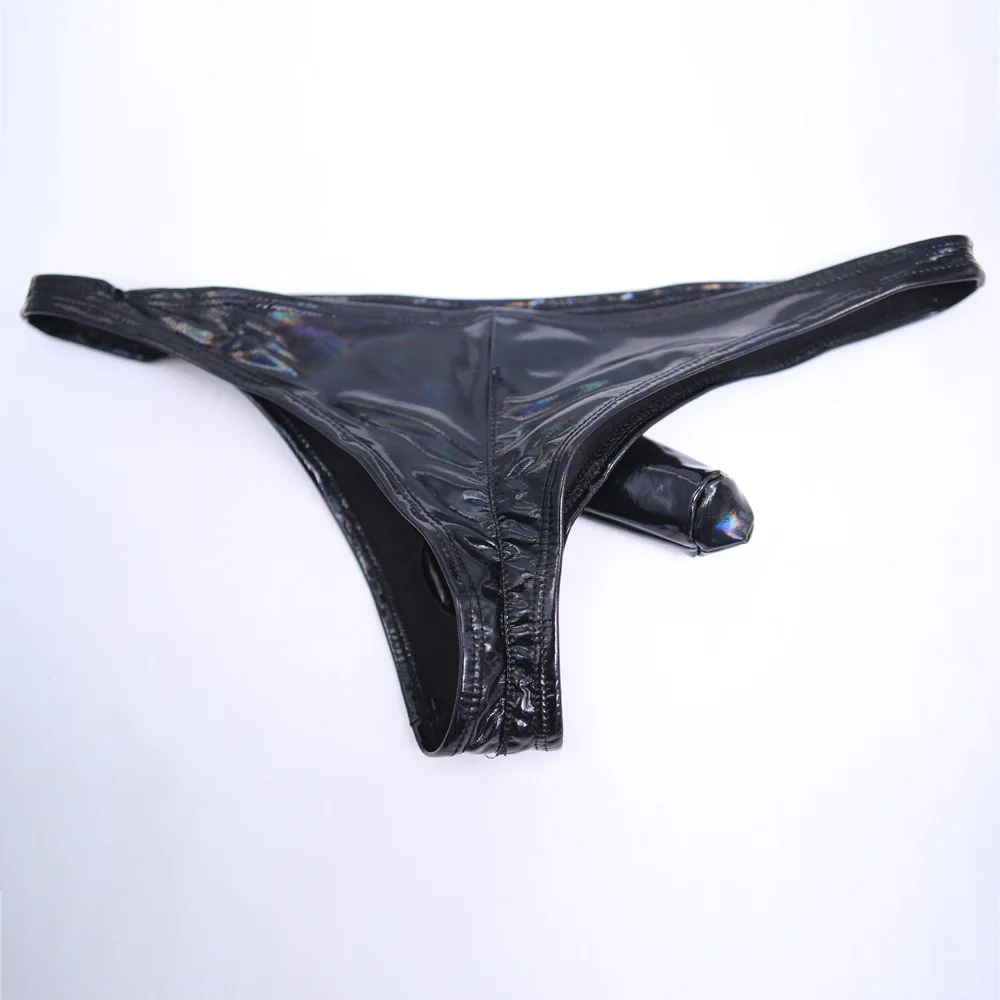 Mens Underwear Man Sex Appeal Penis Sleeve PVC Faux Leather Briefs Crotch Seam Pleated Shaper