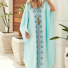 Хлопковый пляжный кафтан с вышивкой, накидка, купальный костюм Praia, бикини, накидка, туники для пляжа, парео, саронг, пляжная одежда# Q576