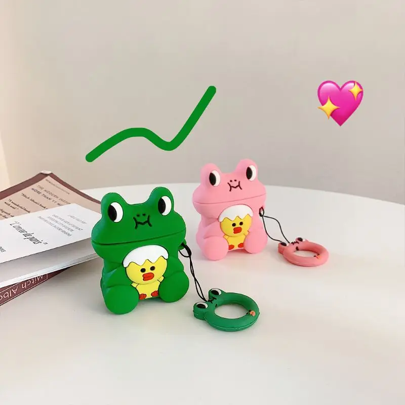 Cute Frog Chicken Pattern Soft Silicone Protective Case Skin Protector with Lanyard for Airpods 1/2 Charging Box Accessories