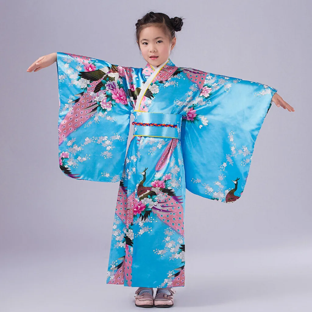 Home&Nest Loose Style Japanese Satin Peacock Print Dress Toddler Kids Baby Girls Outfits Clothes Kimono Robe Traditional Costume