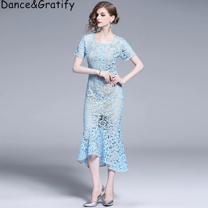 

High Quality Fashion Designer Runway Dress Autumn Spring Women Short Sleeve Hollow Out Lace Mermaid MIdi Party Dresses