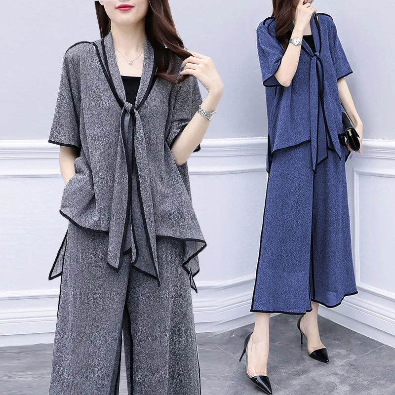 

Large Size Dress Summer Wear New Style Two-Piece Set Short Sleeve Irregular Contrast Color Tops WOMEN'S Ninth Pants Loose Pants
