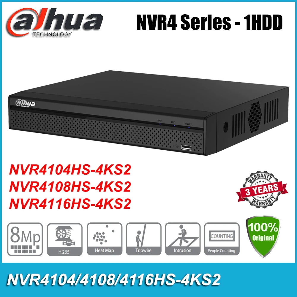 Dahua-grabadora de vídeo NVR4116HS-4KS2, dispositivo Original de red compacta de 4/8/16 canales, 1U, 4K, H.265 Lite
