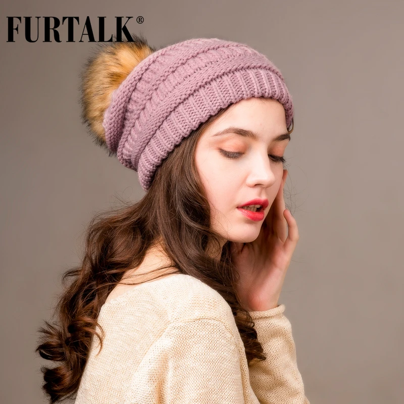 FURTALK шапка бини для осени зимы шапка для женщин вязаная помпон мешковатая шапка бини Skullies для женщин черная красная желтая шапка