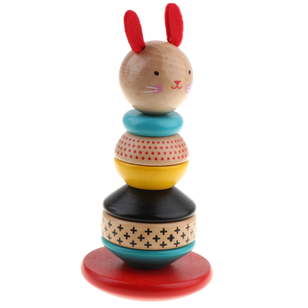Wooden Blocks Toy for Kids Babies, Rainbow Tower Rabbit Tumbler Doll Roly-poly Baby Toy