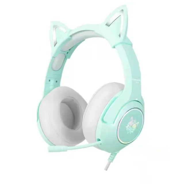 （Original Box）Onikuma K9 Pink Cute Cat Ear Headphone with Mic Gaming Headset and Noise Cancelling with Led Light Green-3.5mm Jack
